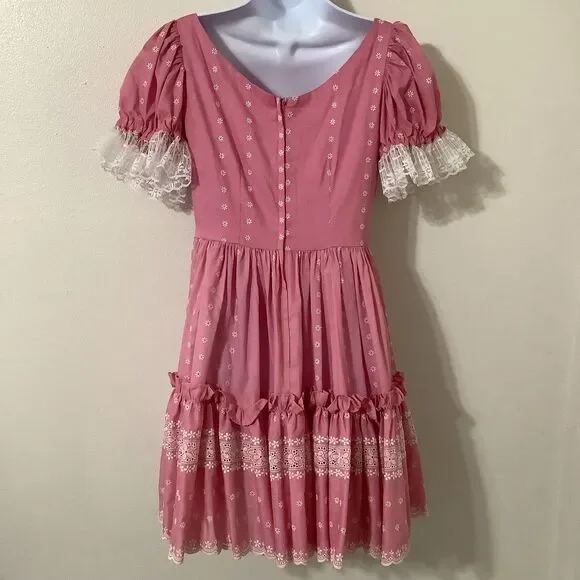 Vintage Pink Fairy Cottagecore Western Handmade Babydoll Fairy Puff Sleeve Dress - Picture 8 of 10